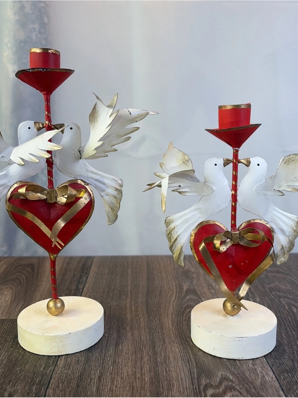 (2) Silvestri Hand Painted Sheet Metal Kissing Doves Heart Taper Candle Holders